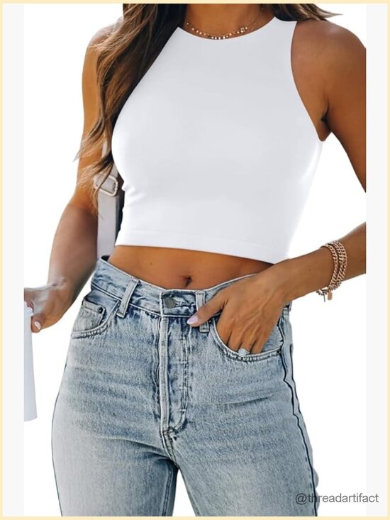 Tops - Sleeveless Double Lined Crop Top Racerback Tank Tops Workout Summer Cute Teen